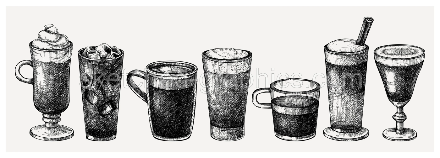 Morning coffee cups collection. Hand-sketched illustrations. Vector sketches of glasses and mugs with aromatic caffeine drinks. Popular coffee hand-drawings vintage style. Vector beverages set. Illustration